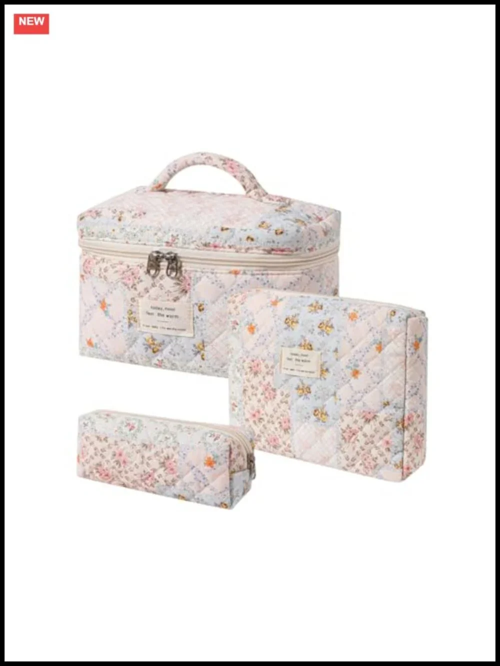 Quilted Floral Cotton Makeup Bag Set 3Pcs Travel Cosmetic Pouch